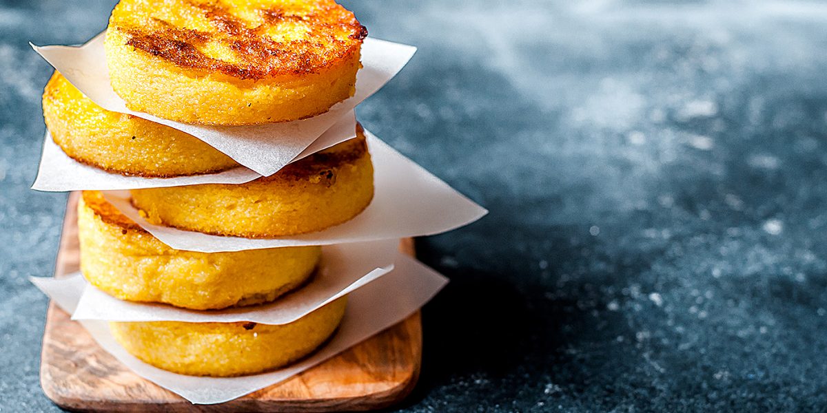A Stack of Fried Polenta Discs, copy space for your text