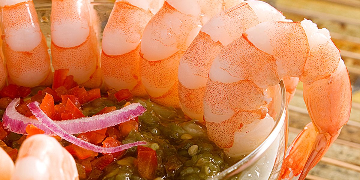 Chilled shrimp served with salsa verde.