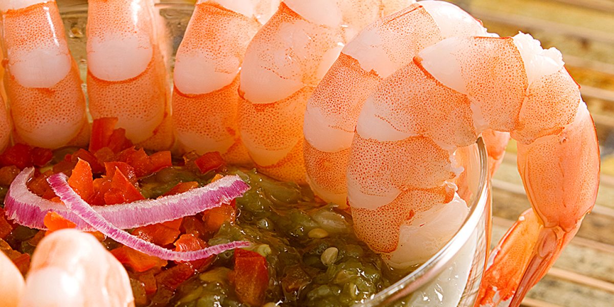 Chilled shrimp served with salsa verde.