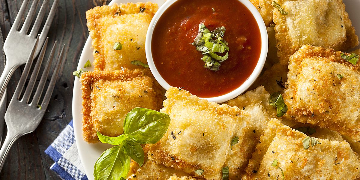 Homemade Fried Ravioli with Marinara Sauce and Basil